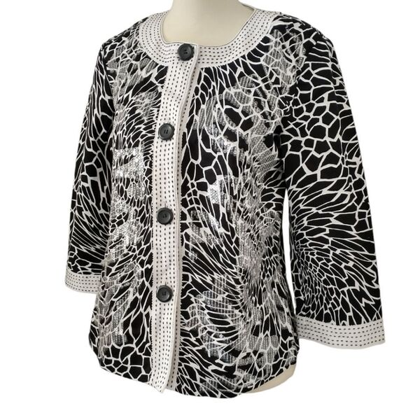 Chicos Sequin Shirt Jacket Blazer Black White Flowers Sz Small 0 Button Front. - Picture 6 of 16